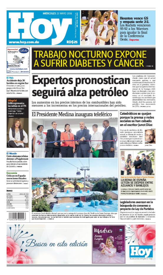 Portada Periódico Hoy, Miércoles 23 de Mayo 2018