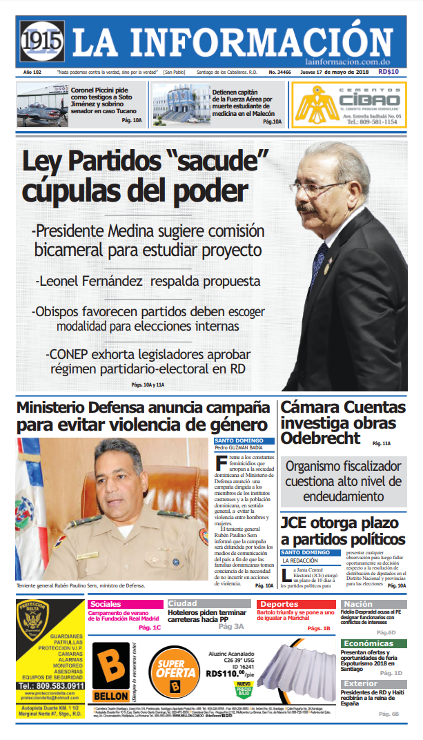 Portada Periódico La Información, Jueves 17 de Mayo 2018