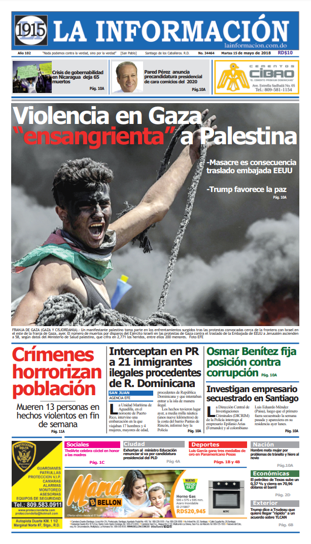 Portada Periódico La Información, Martes 15 de Mayo 2018