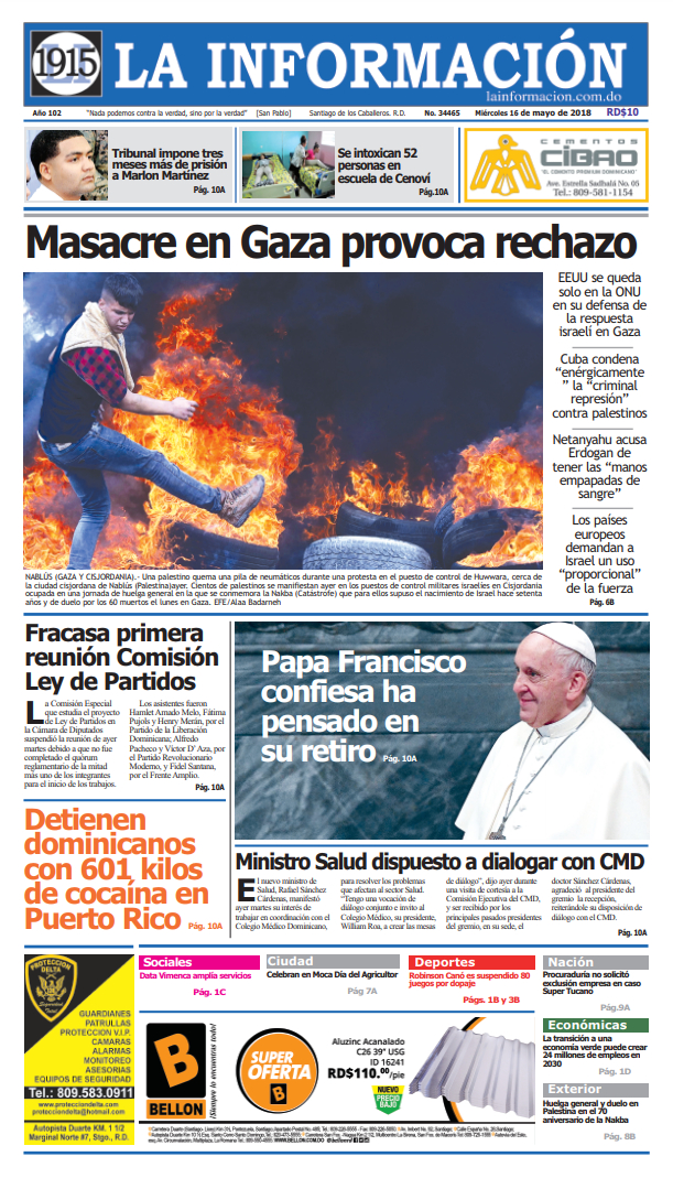Portada Periódico La Información, Miércoles 16 de Mayo 2018