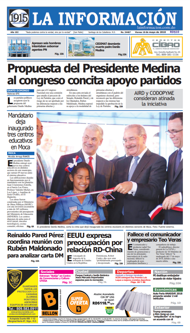 Portada Periódico La Información, Viernes 18 de Mayo 2018