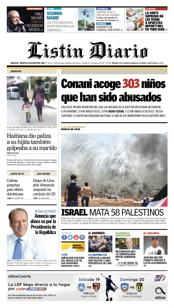 Portada Periódico Listín Diario, Martes 15 de Mayo 2018