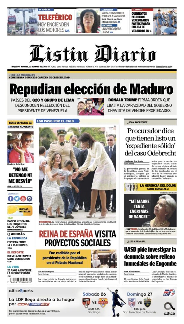 Portada Periódico Listín Diario, Martes 22 de Mayo 2018
