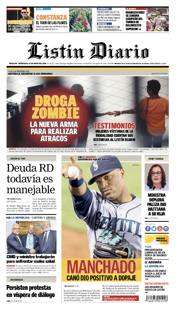 Portada Periódico Listín Diario, Miércoles 16 de Mayo 2018