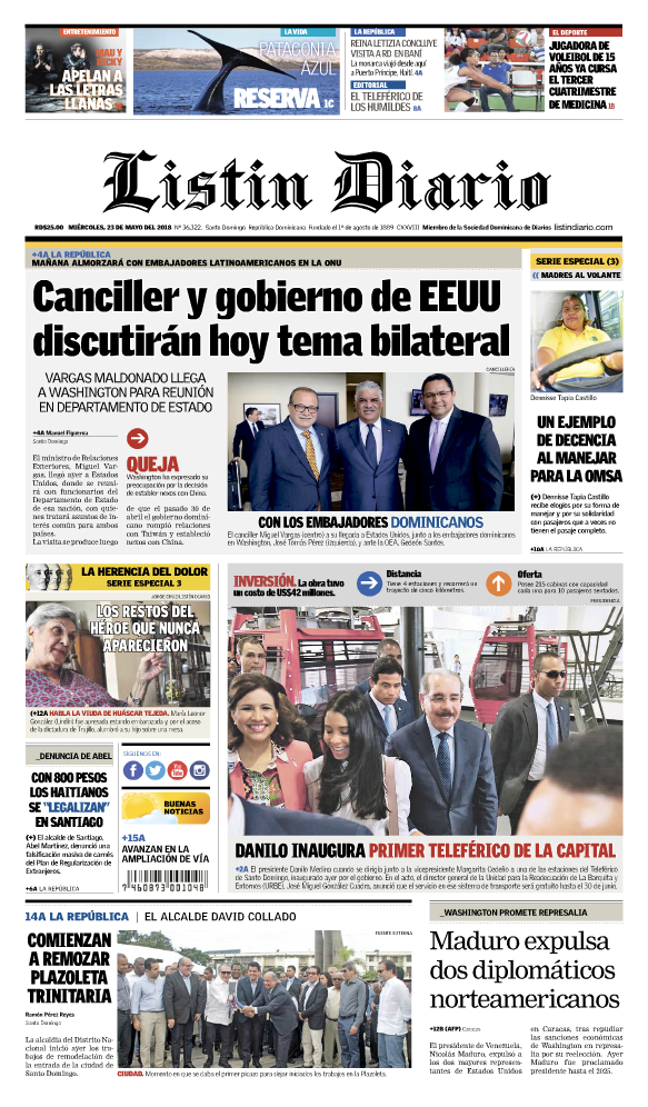 Portada Periódico Listín Diario, Miércoles 23 de Mayo 2018