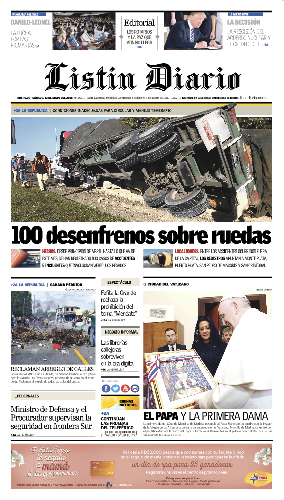 Portada Periódico Listín Diario, Sábado 12 de Mayo 2018
