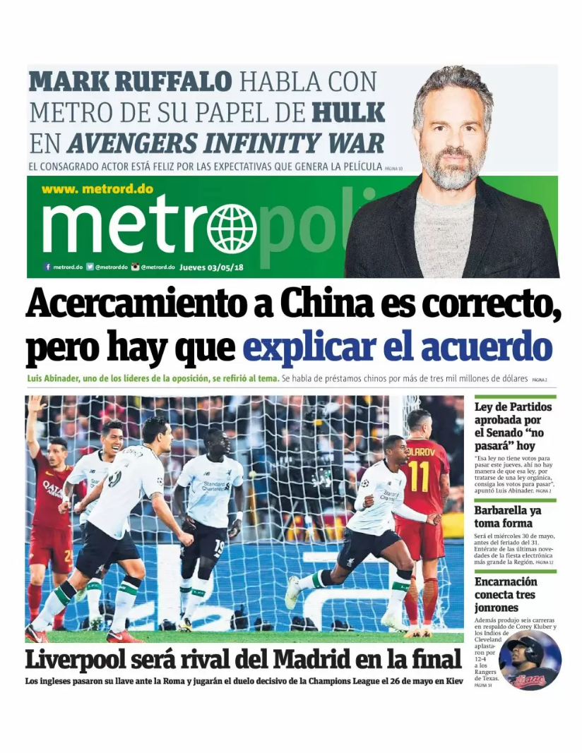 Portada Periódico Metro, Jueves 03 de Mayo 2018