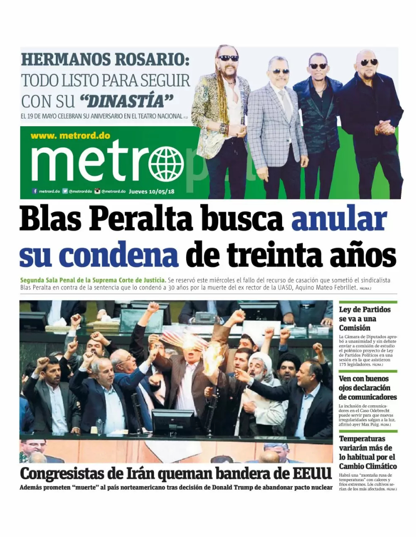Portada Periódico Metro, Jueves 10 de Mayo 2018