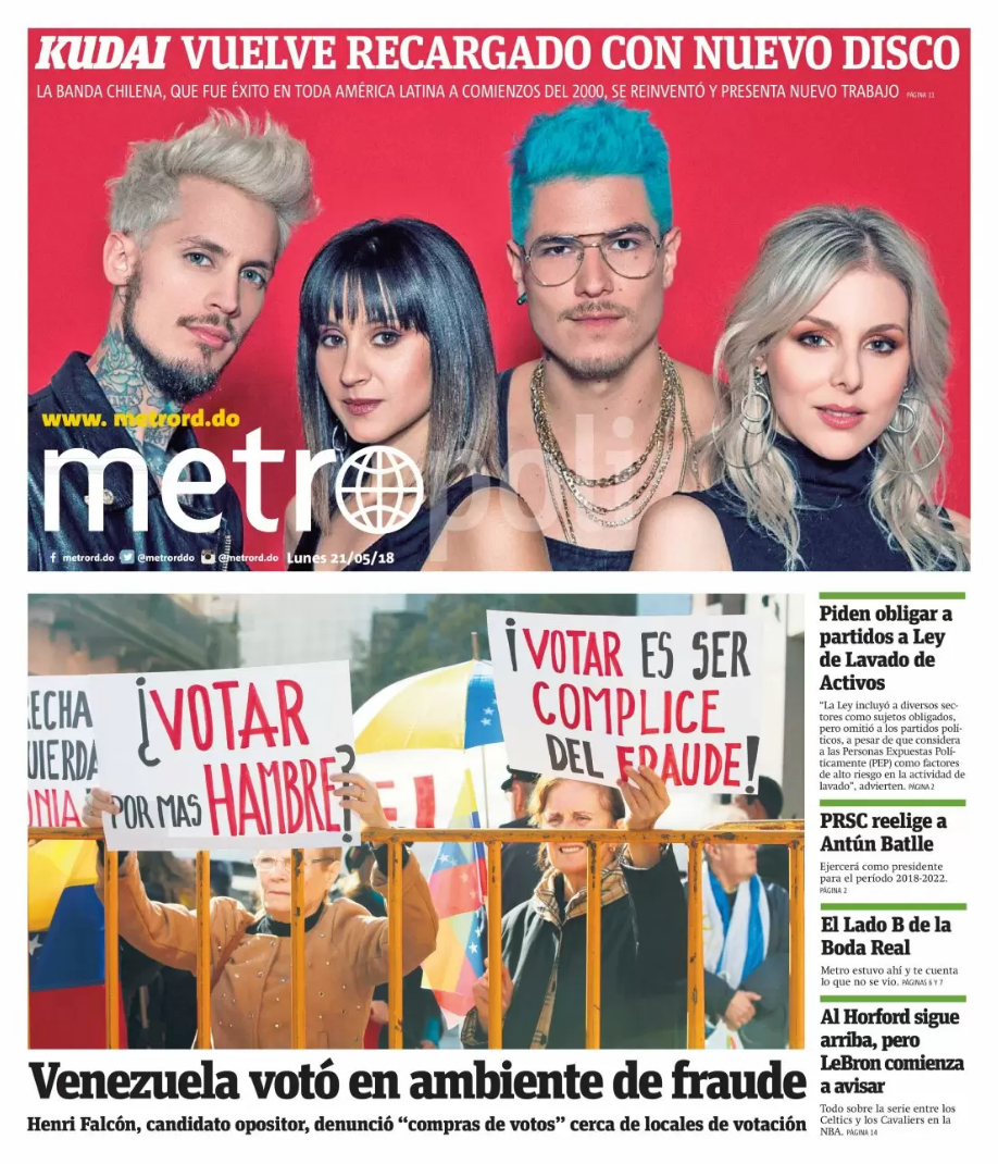 Portada Periódico Metro, Lunes 21 de Mayo 2018