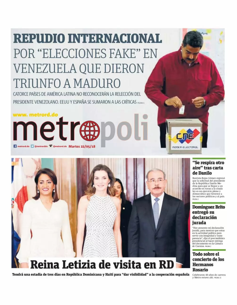 Portada Periódico Metro, Martes 22 de Mayo 2018