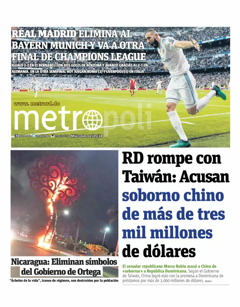 Portada Periódico Metro, Miércoles 02 de Mayo 2018