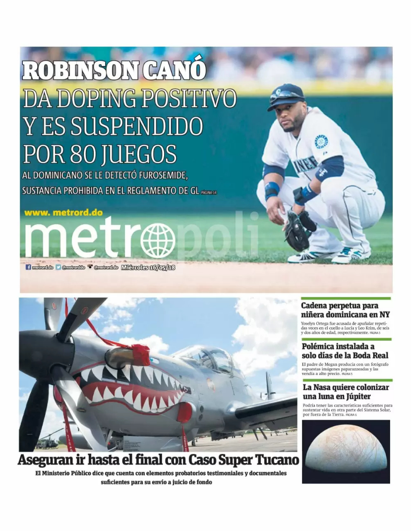 Portada Periódico Metro, Miércoles 16 de Mayo 2018
