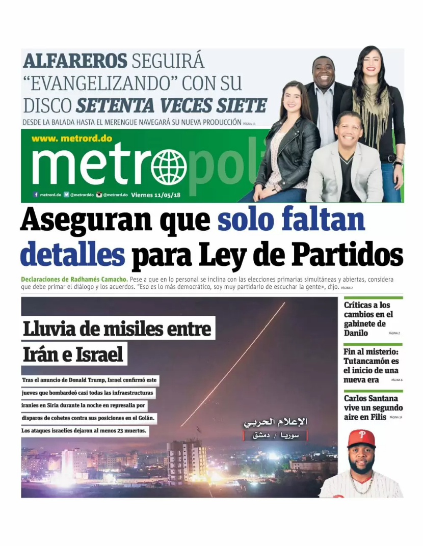 Portada Periódico Metro, Viernes 11 de Mayo 2018