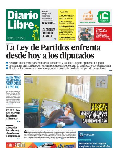 Portada Periódico Diario Libre, Jueves 03 de Mayo 2018