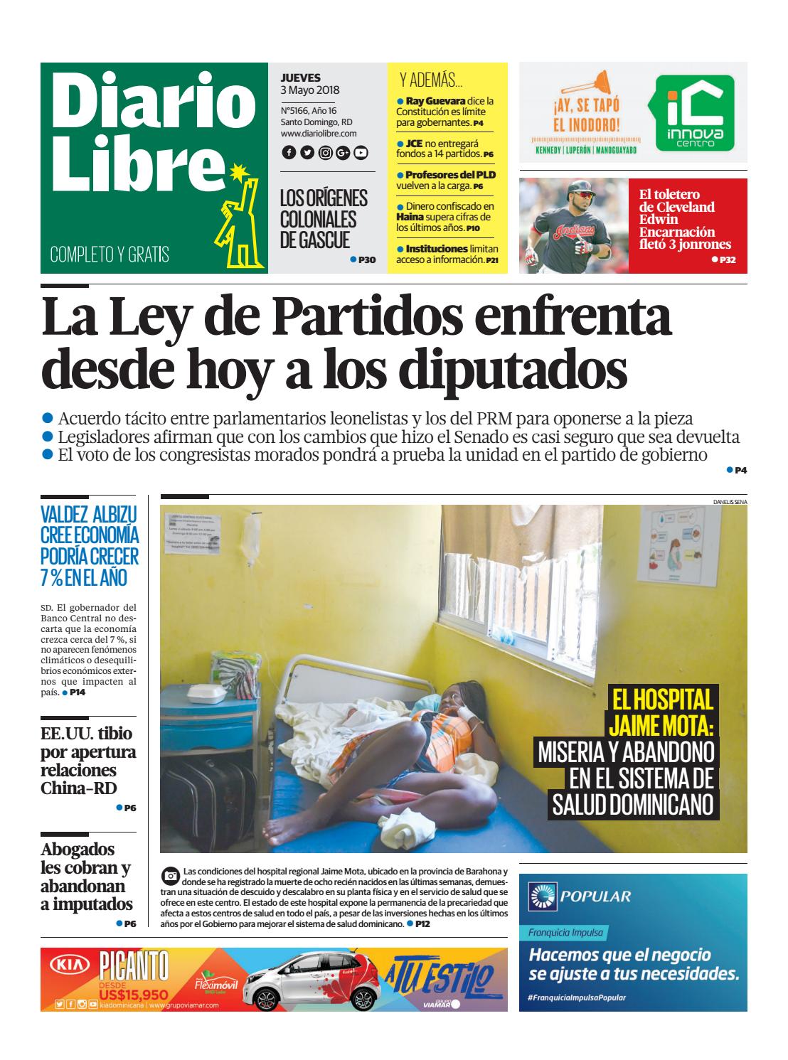 Portada Periódico Diario Libre, Jueves 03 de Mayo 2018