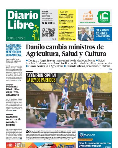 Portada Periódico Diario Libre, Jueves 10 de Mayo 2018