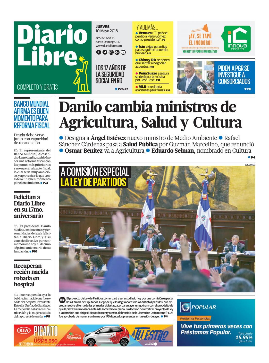 Portada Periódico Diario Libre, Jueves 10 de Mayo 2018