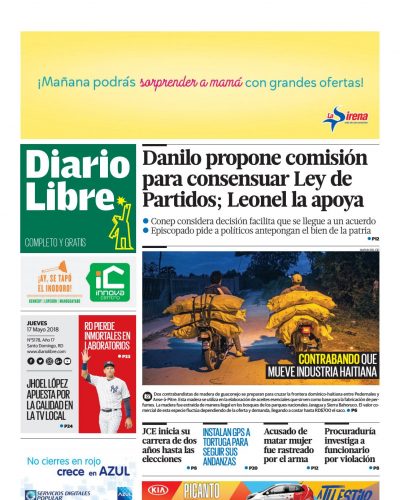 Portada Periódico Diario Libre, Jueves 17 de Mayo 2018