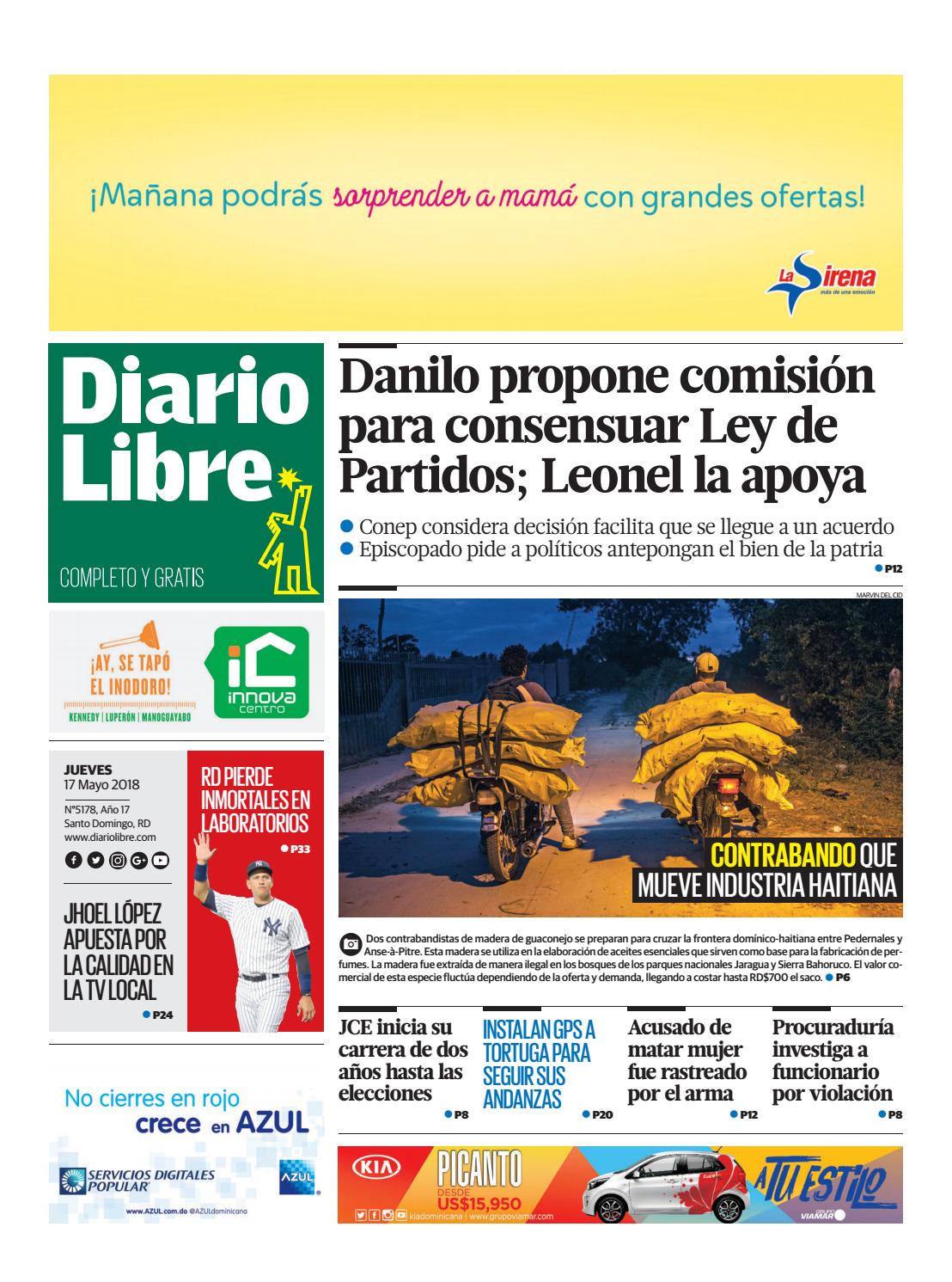 Portada Periódico Diario Libre, Jueves 17 de Mayo 2018