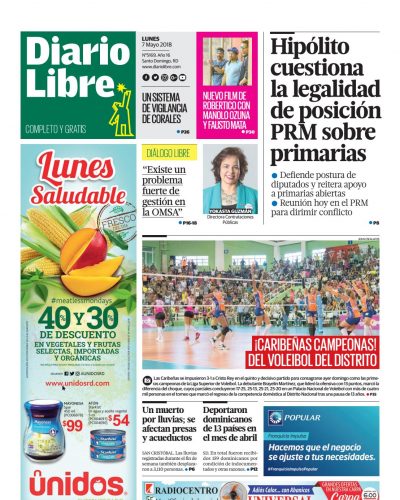Portada Periódico Diario Libre, Lunes 07 de Mayo 2018