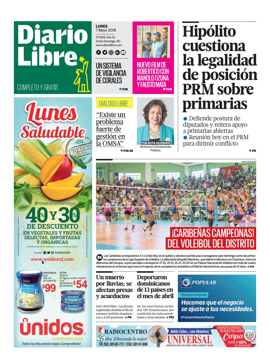 Portada Periódico Diario Libre, Lunes 07 de Mayo 2018