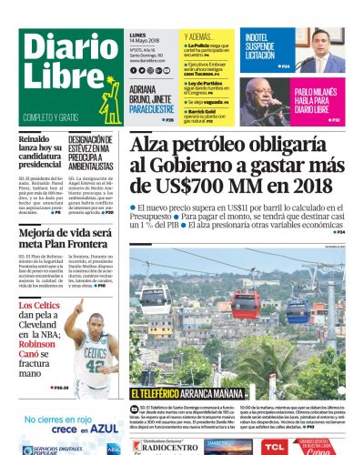 Portada Periódico Diario Libre, Lunes 14 de Mayo 2018
