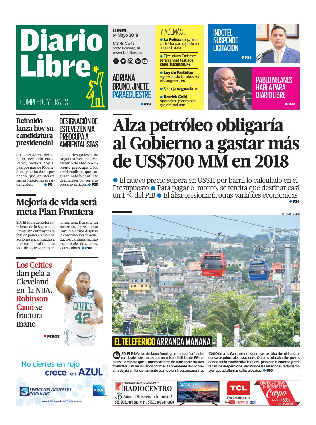 Portada Periódico Diario Libre, Lunes 14 de Mayo 2018