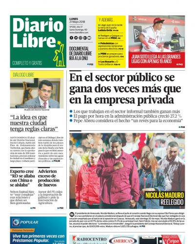 Portada Periódico Diario Libre, Lunes 21 de Mayo 2018