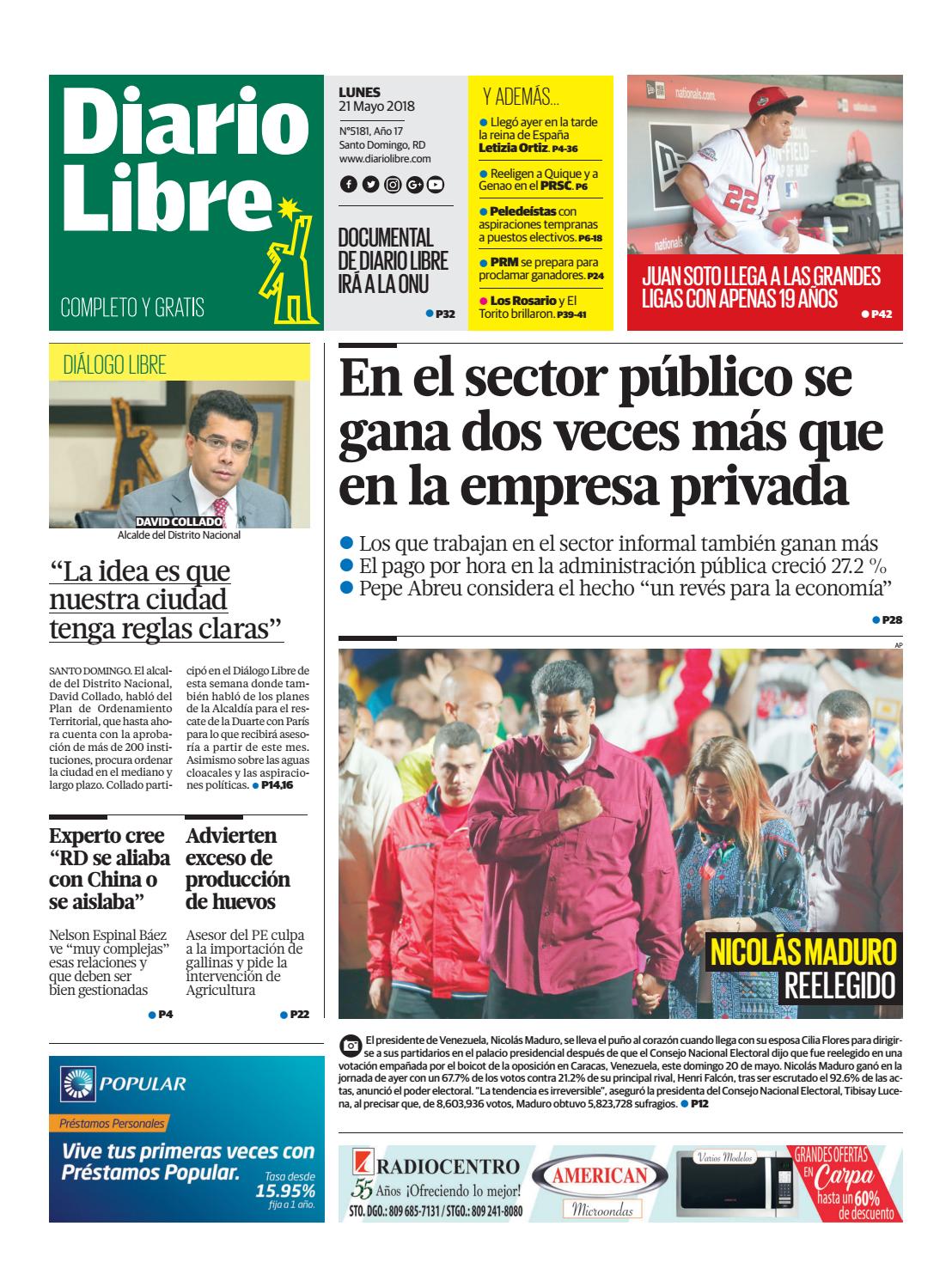 Portada Periódico Diario Libre, Lunes 21 de Mayo 2018
