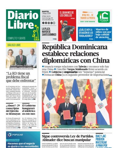Portada Periódico Diario Libre, Martes 01 de Mayo 2018