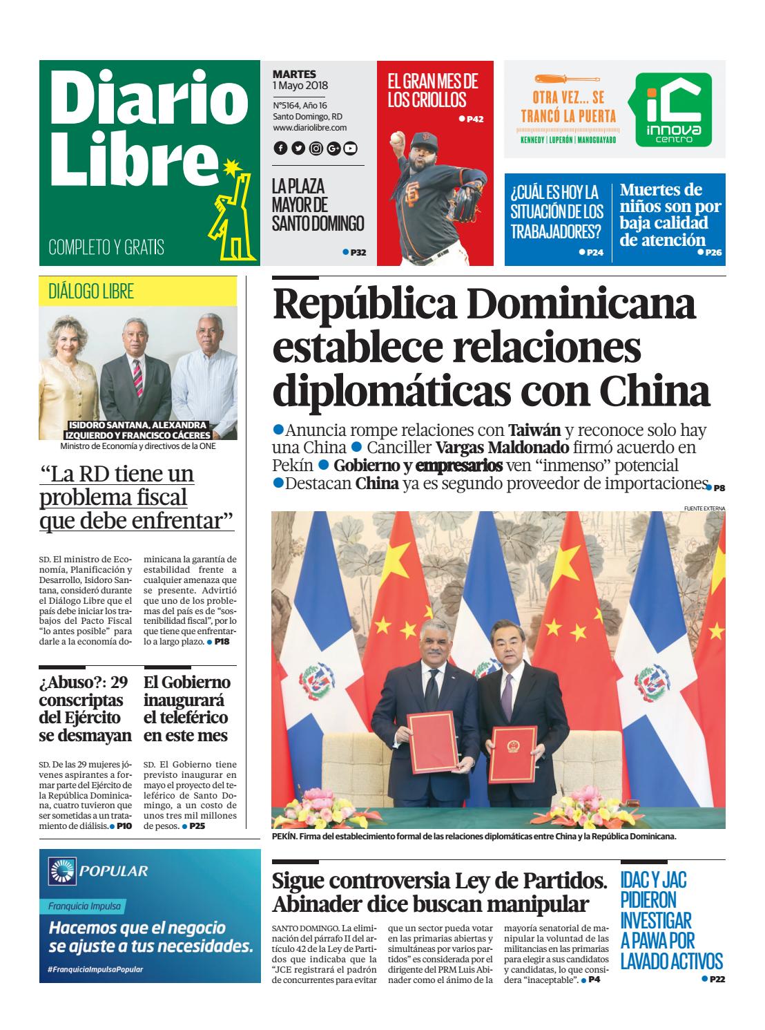 Portada Periódico Diario Libre, Martes 01 de Mayo 2018