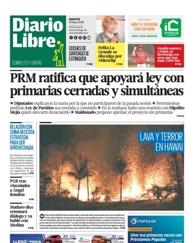 Portada Periódico Diario Libre, Martes 08 de Mayo 2018