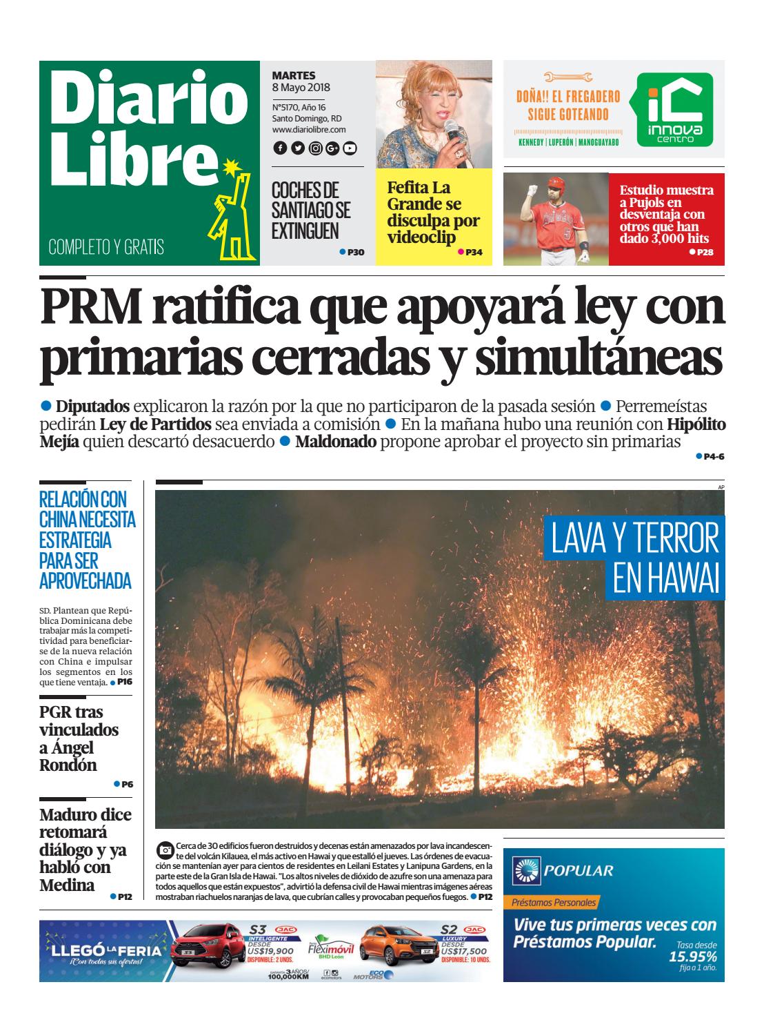 Portada Periódico Diario Libre, Martes 08 de Mayo 2018