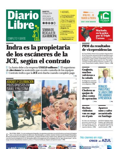 Portada Periódico Diario Libre, Martes 15 de Mayo 2018