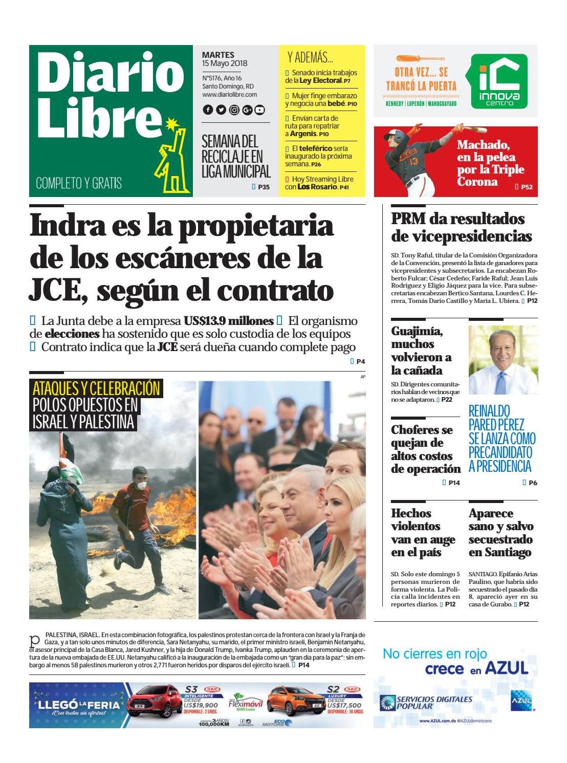 Portada Periódico Diario Libre, Martes 15 de Mayo 2018