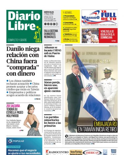 Portada Periódico Diario Libre, Miércoles 02 de Mayo 2018