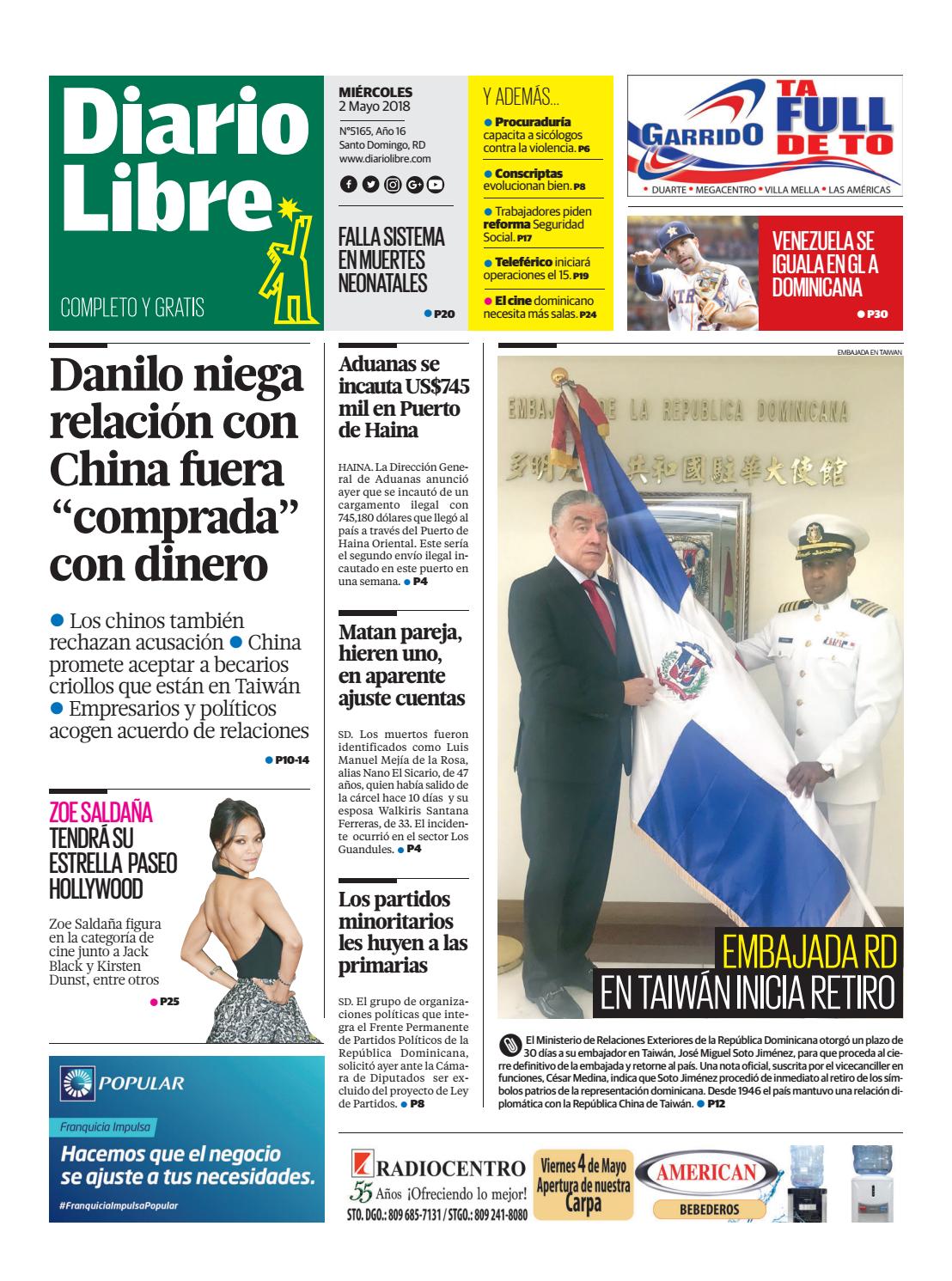 Portada Periódico Diario Libre, Miércoles 02 de Mayo 2018