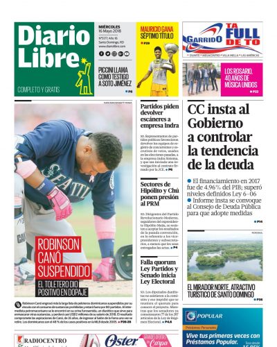 Portada Periódico Diario Libre, Miércoles 16 de Mayo 2018