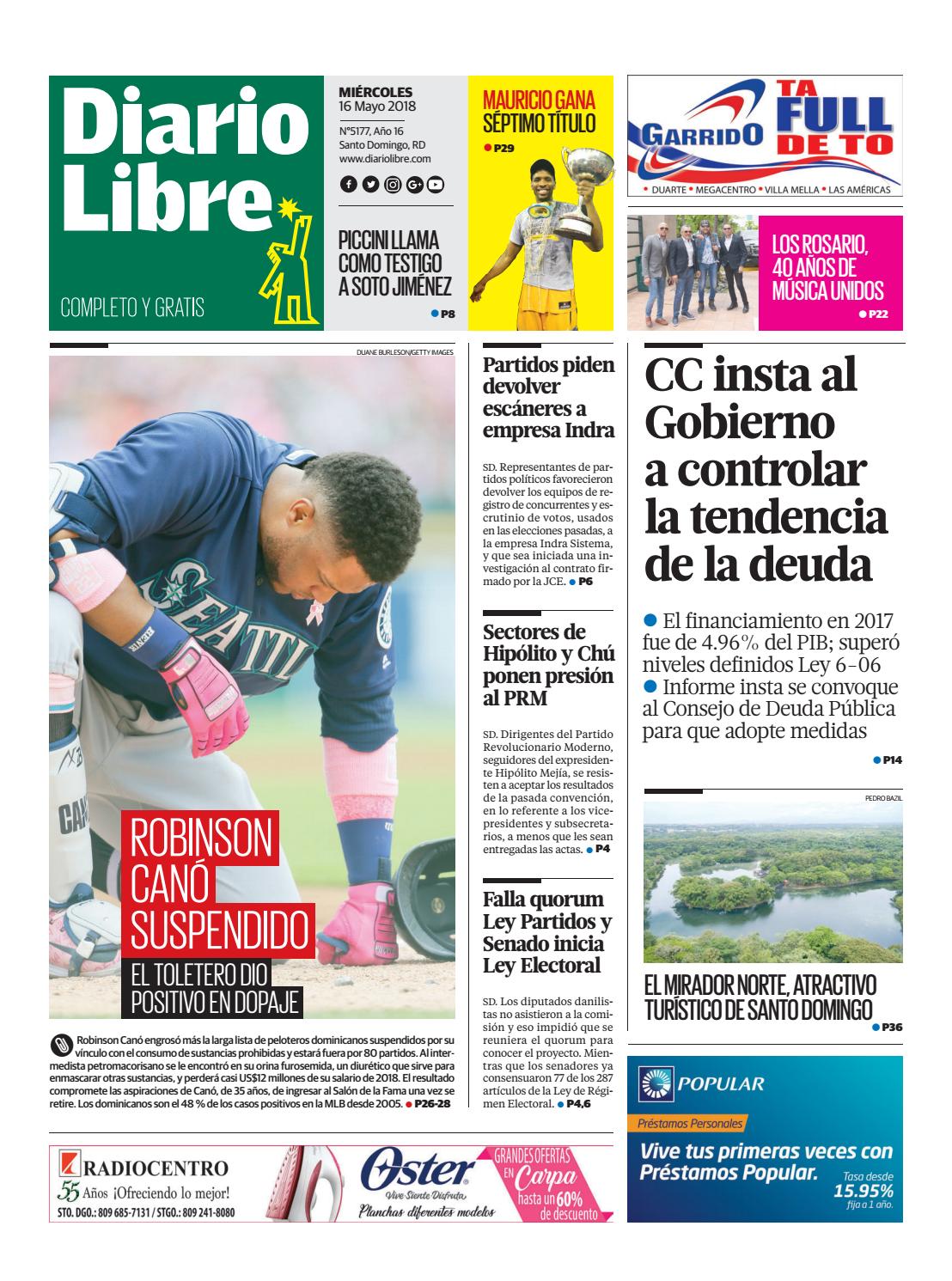 Portada Periódico Diario Libre, Miércoles 16 de Mayo 2018