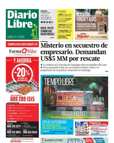 Portada Periódico Diario Libre, Sábado 12 de Mayo 2018