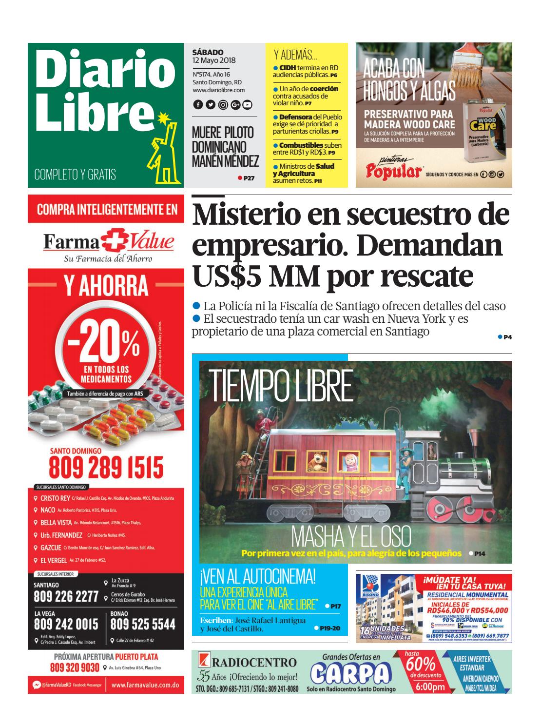 Portada Periódico Diario Libre, Sábado 12 de Mayo 2018