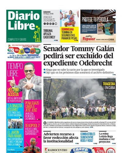Portada Periódico Diario Libre, Sábado 19 de Mayo 2018