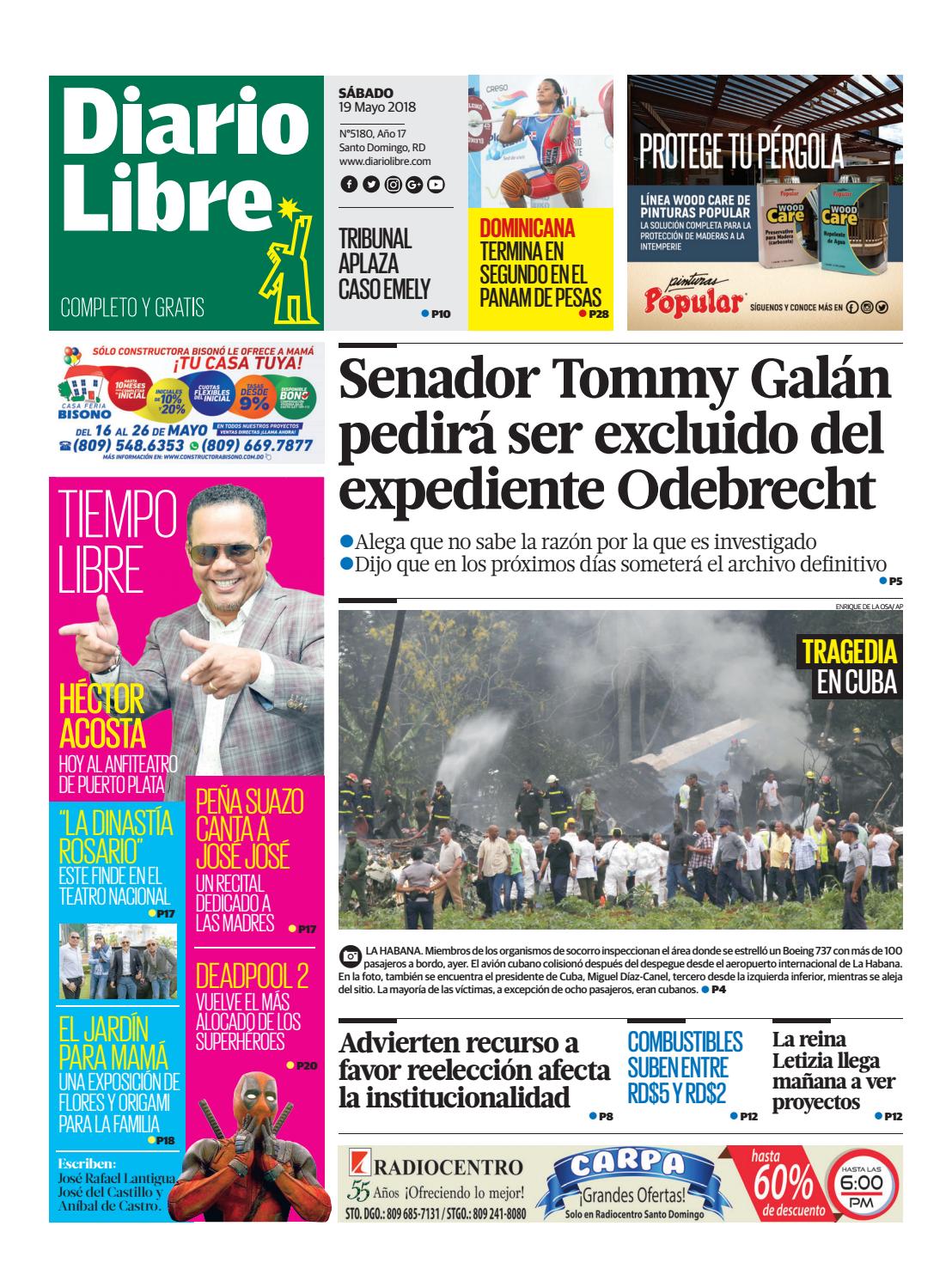 Portada Periódico Diario Libre, Sábado 19 de Mayo 2018