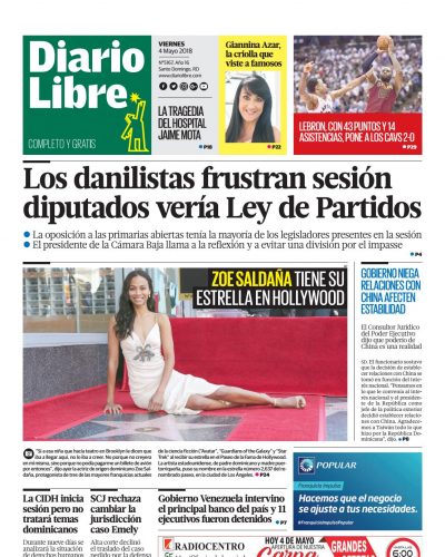 Portada Periódico Diario Libre, Viernes 04 de Mayo 2018