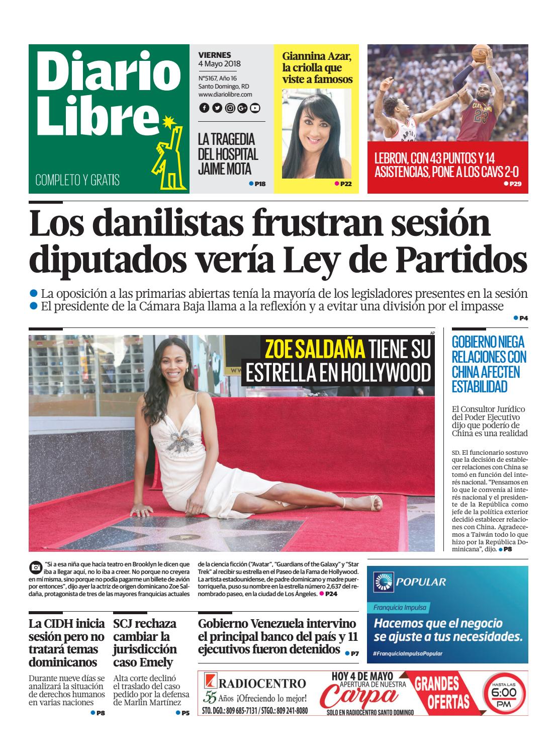 Portada Periódico Diario Libre, Viernes 04 de Mayo 2018