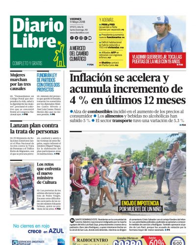 Portada Periódico Diario Libre, Viernes 11 de Mayo 2018