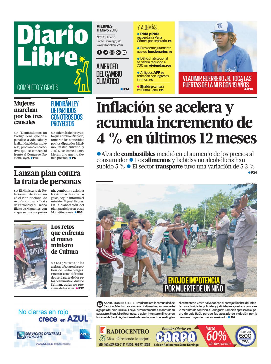 Portada Periódico Diario Libre, Viernes 11 de Mayo 2018