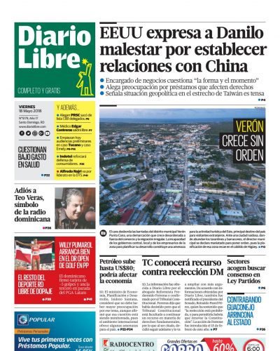 Portada Periódico Diario Libre, Viernes 18 de Mayo 2018