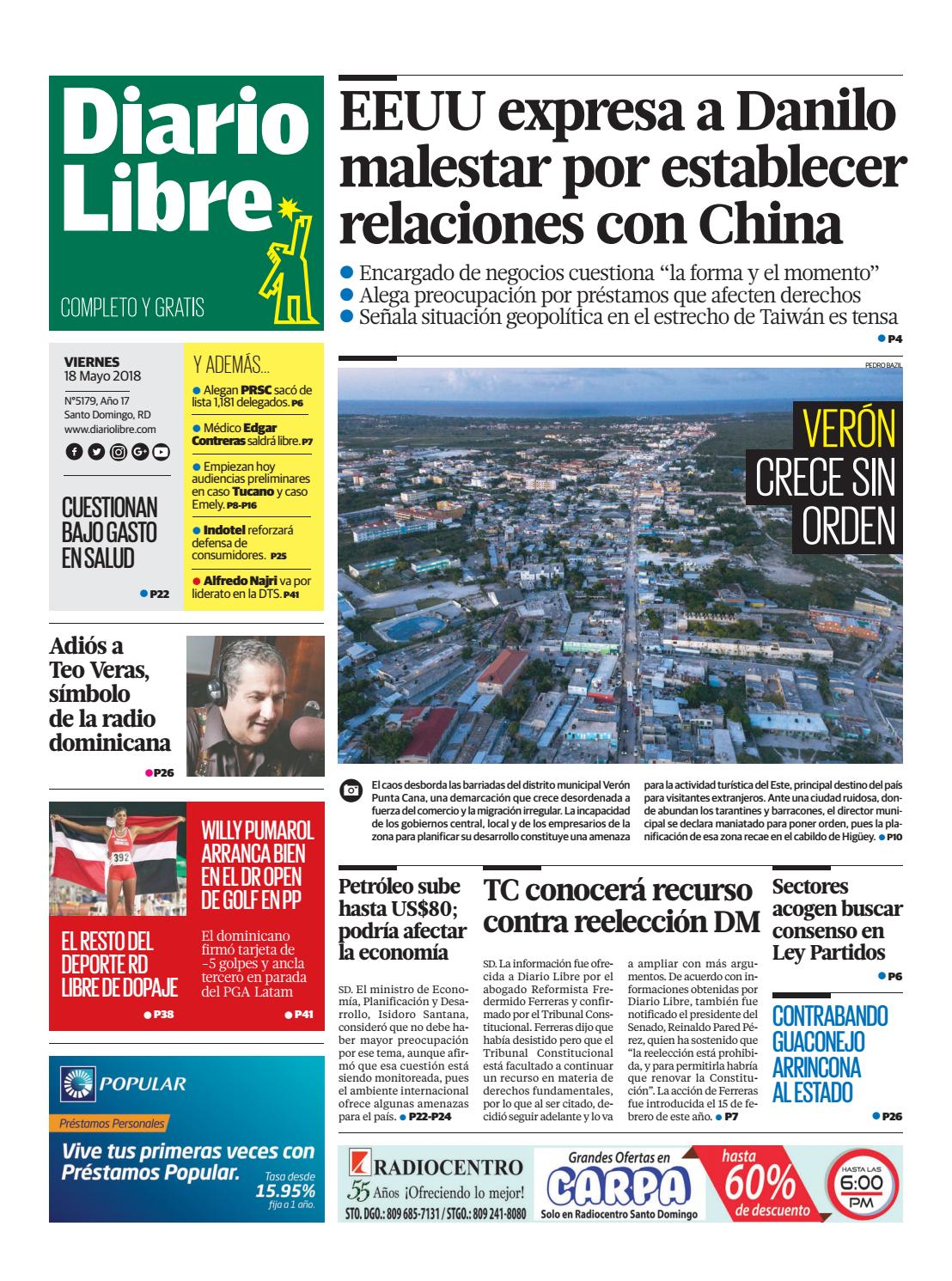 Portada Periódico Diario Libre, Viernes 18 de Mayo 2018