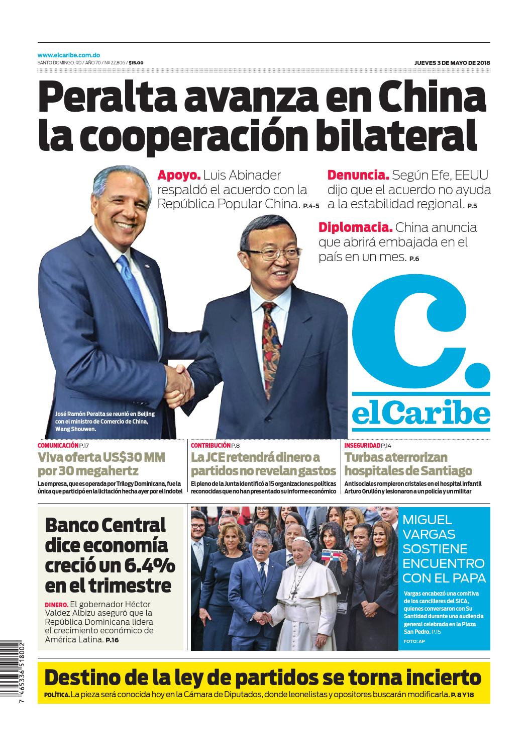Portada Periódico El Caribe, Jueves 03 de Mayo 2018
